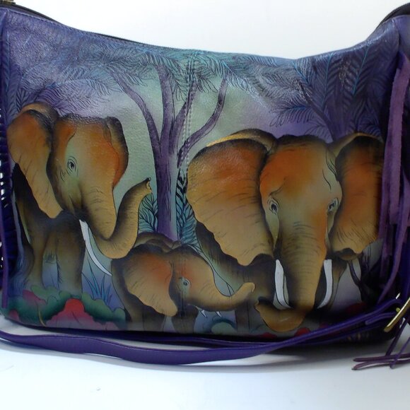 Anna by Anuschka, Hand Painted of Elephant Family with Fringes. - Picture 1 of 6